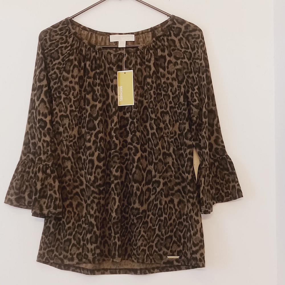 NWT Michael Kors  Olive Green Leppard Print Tunic Top Size Small  MSRP $64.00.